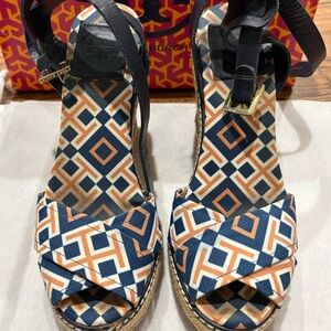 Tory Burch Blue and Orange Espadrille Wedges with Ankle Strap